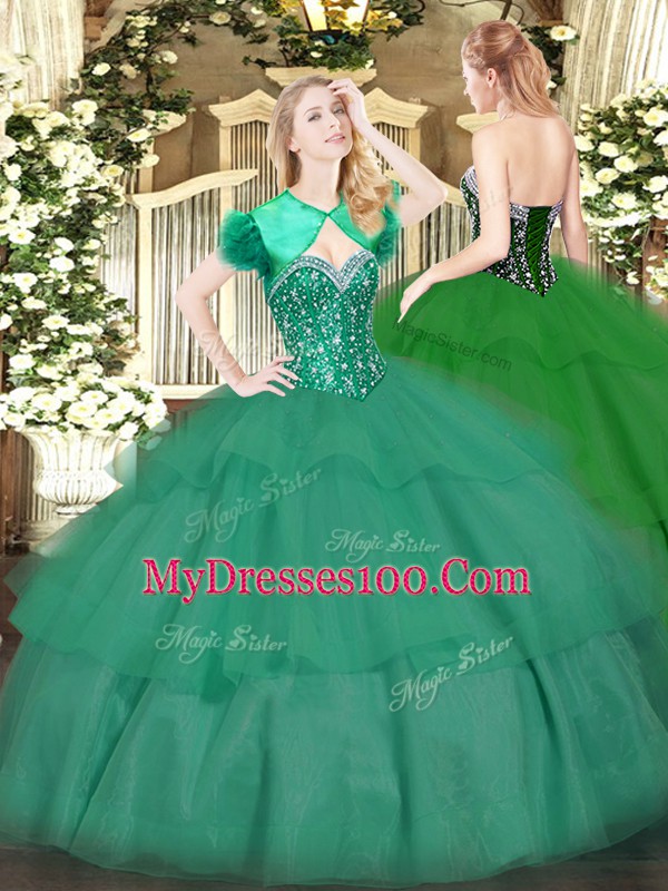 Designer Turquoise Sleeveless Floor Length Beading and Ruffled Layers Lace Up Quinceanera Gowns
