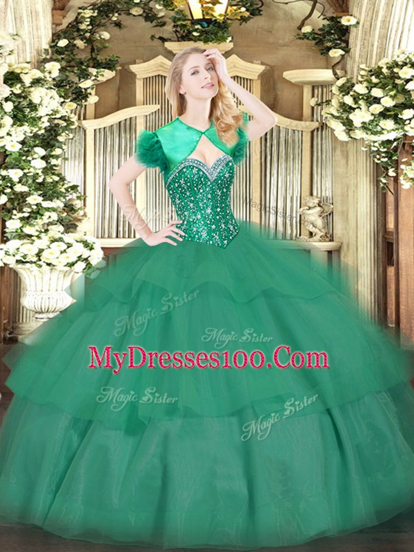 Designer Turquoise Sleeveless Floor Length Beading and Ruffled Layers Lace Up Quinceanera Gowns