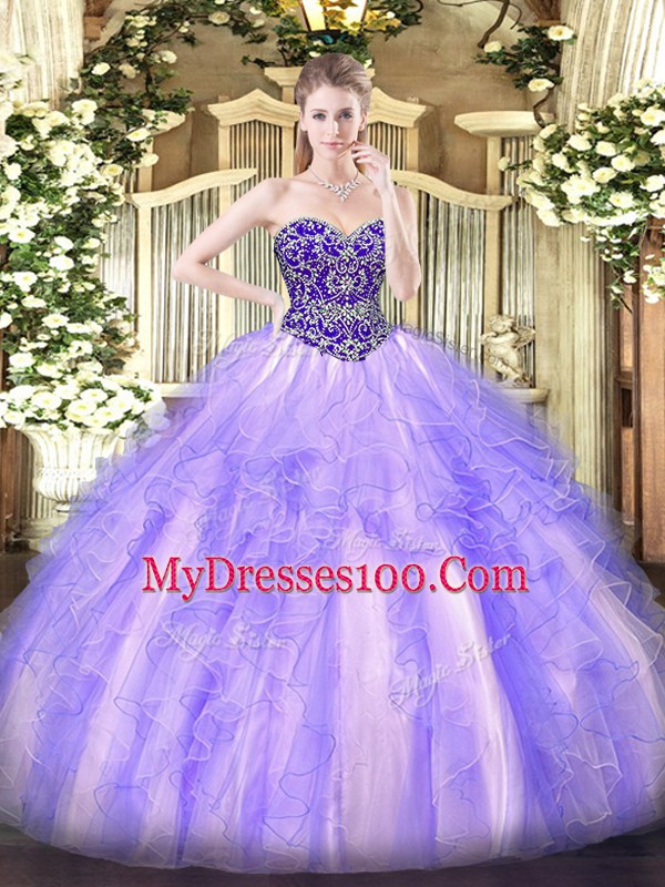 Flare Lavender Lace Up Sweetheart Beading and Ruffles Sweet 16 Quinceanera Dress Tulle Sleeveless