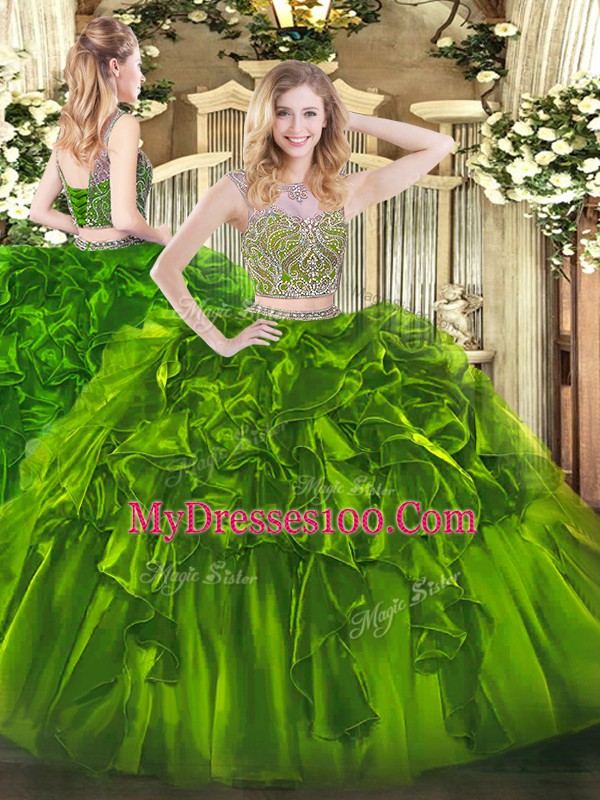Sleeveless Organza Floor Length Lace Up Sweet 16 Dress in Olive Green with Beading and Ruffles