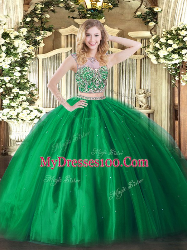 Tulle Scoop Sleeveless Lace Up Beading 15th Birthday Dress in Green