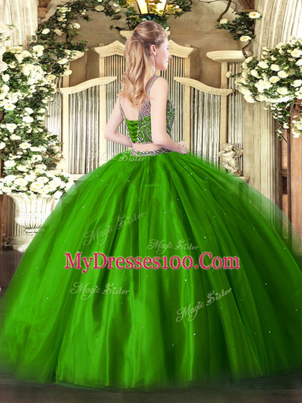 Tulle Scoop Sleeveless Lace Up Beading 15th Birthday Dress in Green