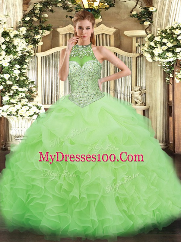 Affordable Ball Gowns Quince Ball Gowns Yellow Green Halter Top Organza Sleeveless Floor Length Lace Up