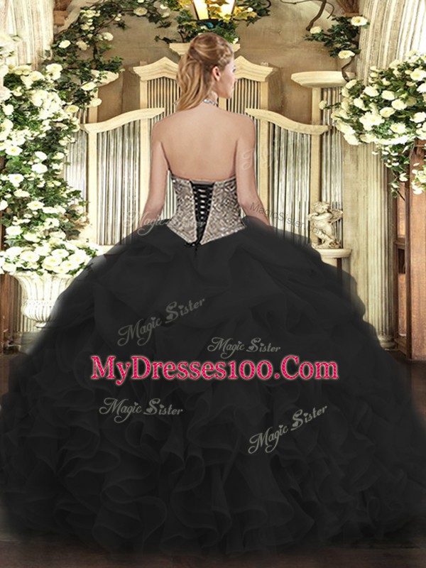 Affordable Ball Gowns Quince Ball Gowns Yellow Green Halter Top Organza Sleeveless Floor Length Lace Up