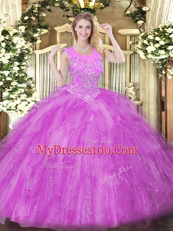 Dazzling Sleeveless Zipper Floor Length Beading and Ruffles 15th Birthday Dress