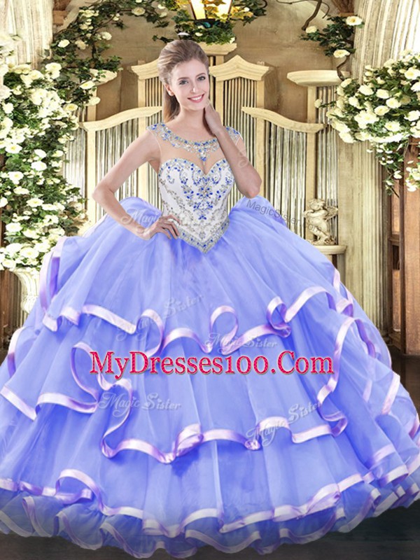 Scoop Sleeveless Sweet 16 Quinceanera Dress Floor Length Beading and Ruffled Layers Lavender Organza