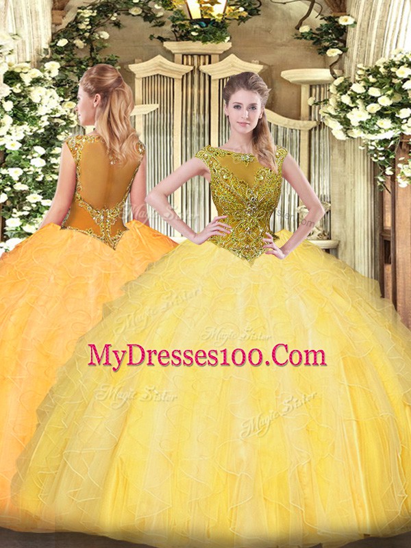 Scoop Sleeveless Tulle Quinceanera Gowns Beading and Ruffles Zipper