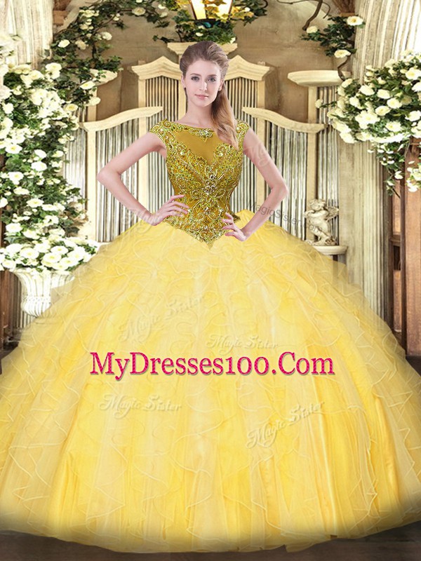 Scoop Sleeveless Tulle Quinceanera Gowns Beading and Ruffles Zipper