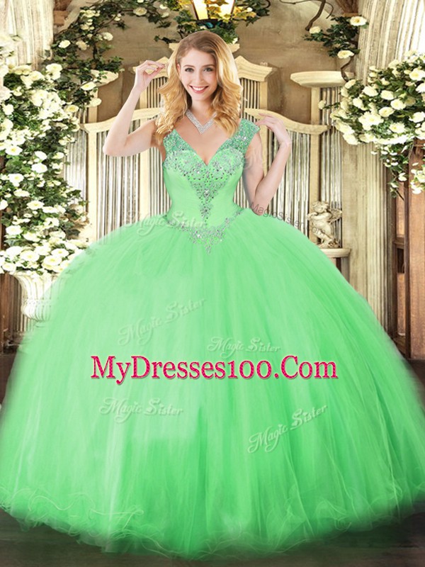 V-neck Sleeveless Tulle Quinceanera Dresses Beading Lace Up