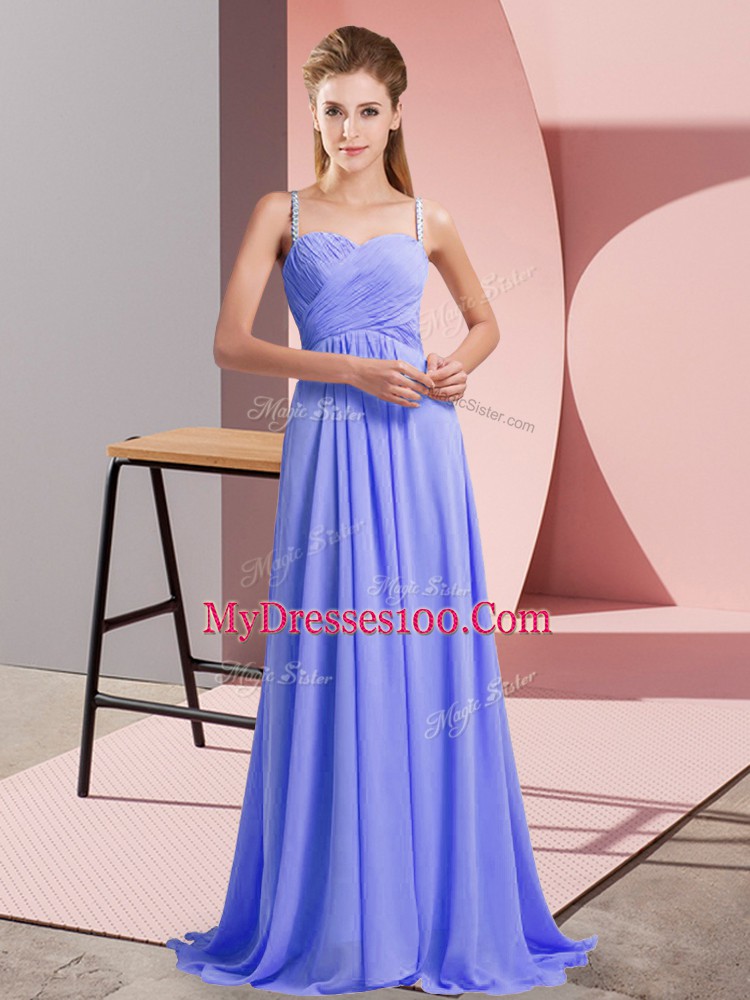 Trendy Lavender Empire Chiffon Spaghetti Straps Sleeveless Ruching Backless Homecoming Dress Sweep Train