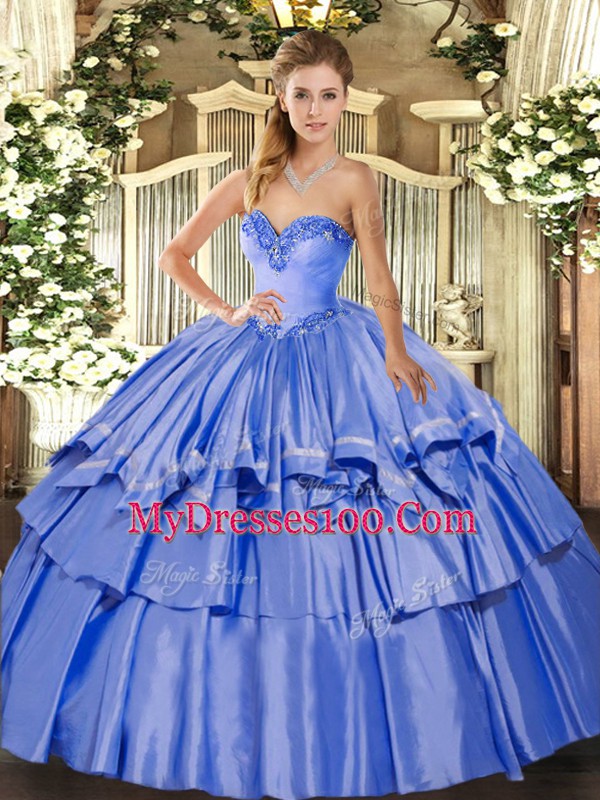 Custom Fit Sleeveless Floor Length Beading and Ruffled Layers Lace Up Sweet 16 Quinceanera Dress with Blue
