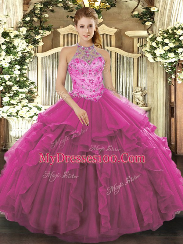 Fancy Floor Length Fuchsia Quinceanera Gown Halter Top Sleeveless Lace Up