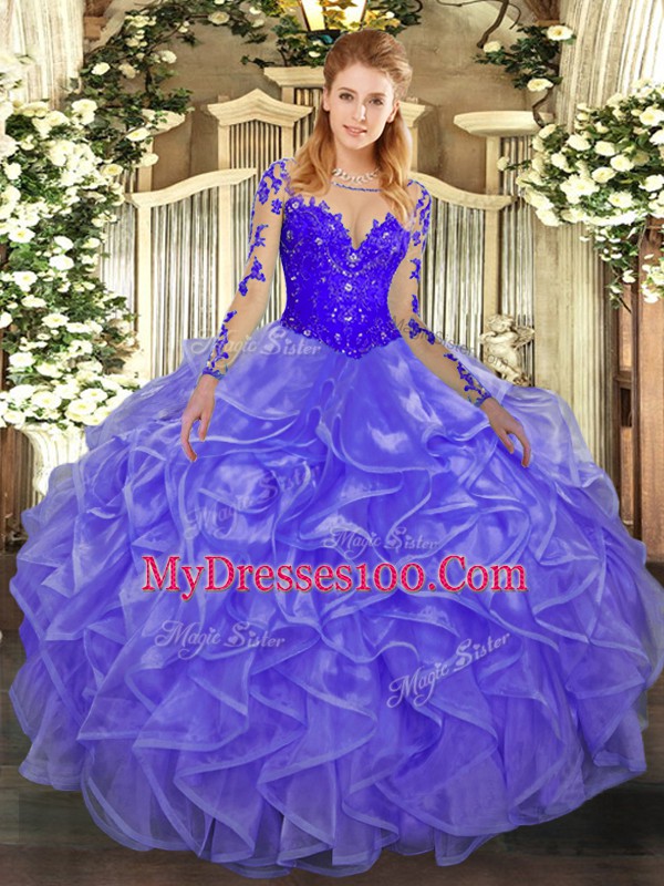 Fitting Long Sleeves Floor Length Lace and Ruffles Lace Up Quinceanera Dresses with Lavender