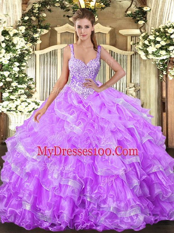 Lilac Ball Gowns Organza Straps Sleeveless Beading and Ruffled Layers Floor Length Lace Up 15th Birthday Dress