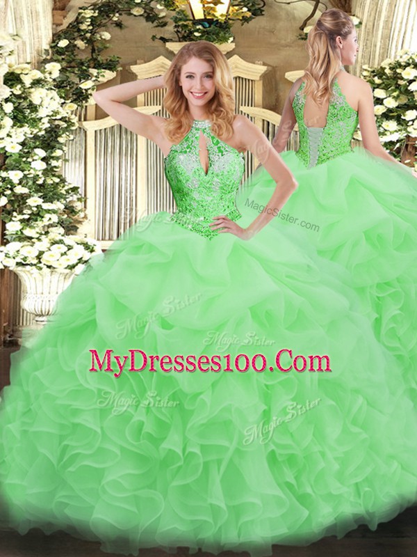 Halter Top Neckline Beading Quinceanera Gowns Sleeveless Lace Up