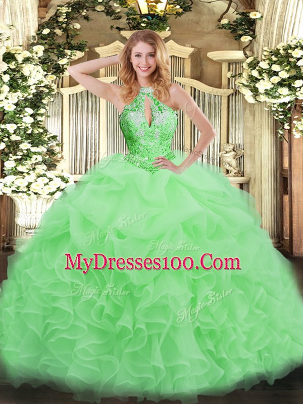 Halter Top Neckline Beading Quinceanera Gowns Sleeveless Lace Up