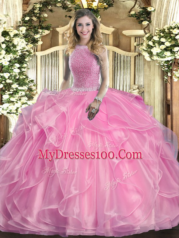 Custom Designed Beading and Ruffles Quinceanera Gowns Rose Pink Lace Up Sleeveless Floor Length