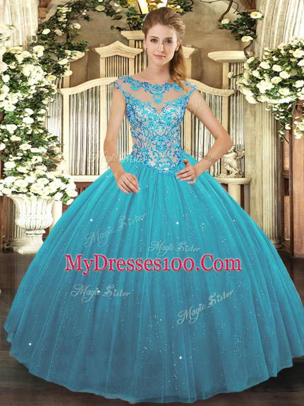 Teal Sleeveless Beading Floor Length 15th Birthday Dress