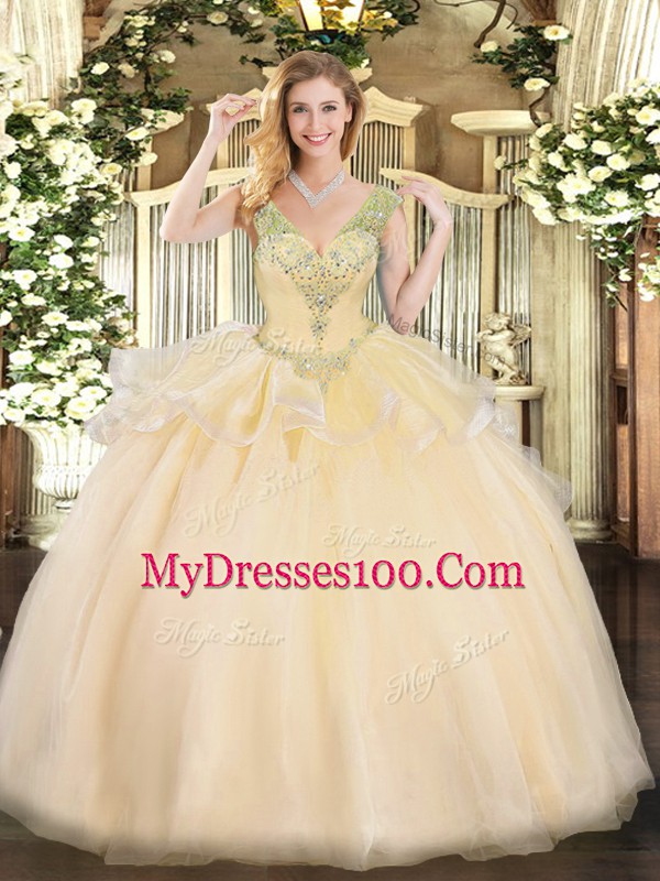 Fine Champagne V-neck Lace Up Beading Quinceanera Dresses Sleeveless
