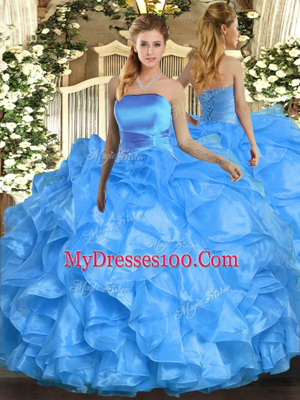 Strapless Sleeveless Lace Up Quinceanera Dresses Baby Blue Organza