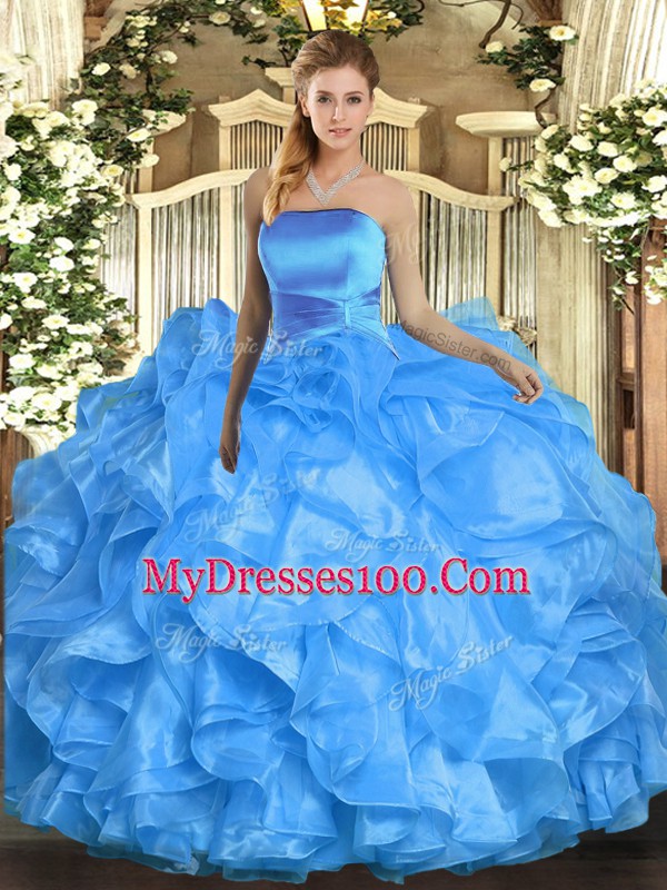 Strapless Sleeveless Lace Up Quinceanera Dresses Baby Blue Organza