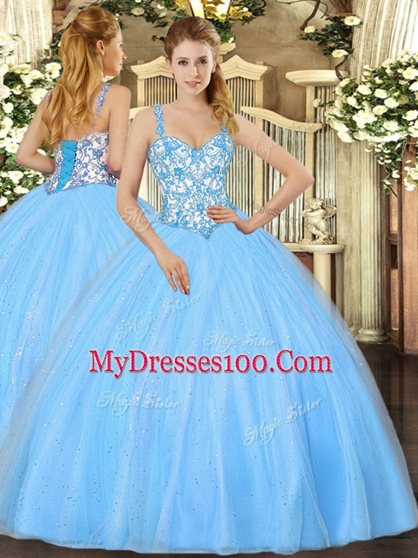 Popular Sleeveless Organza Floor Length Lace Up Quinceanera Gowns in Baby Blue with Beading and Appliques