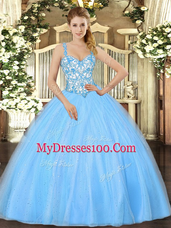 Popular Sleeveless Organza Floor Length Lace Up Quinceanera Gowns in Baby Blue with Beading and Appliques