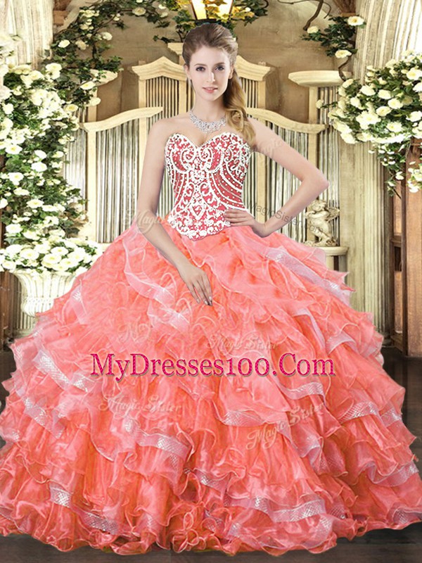 Elegant Watermelon Red Sleeveless Floor Length Beading and Ruffled Layers Lace Up Quinceanera Dresses
