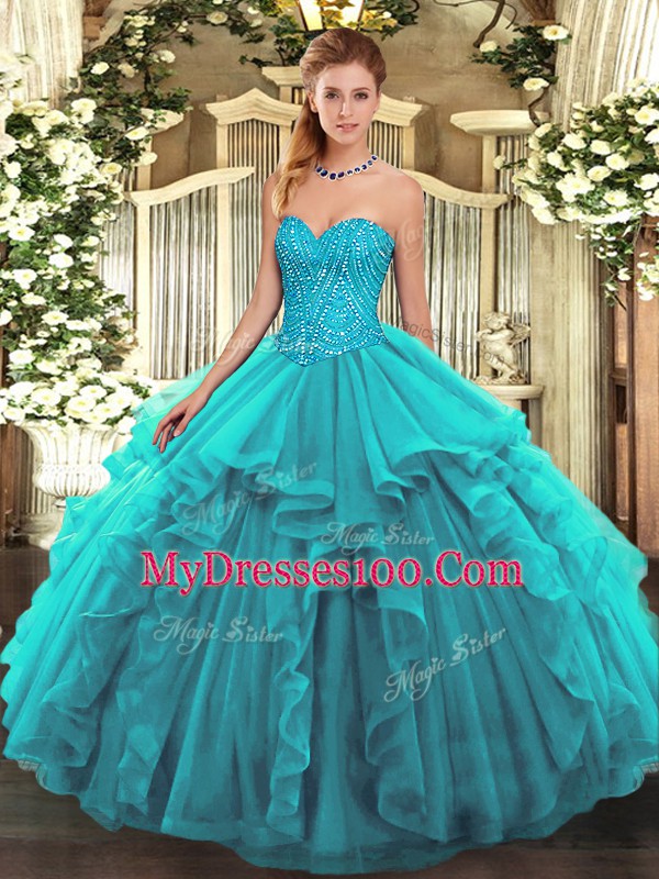 Teal Sleeveless Floor Length Beading and Ruffles Lace Up Quinceanera Gown