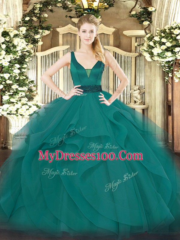 Beading and Ruffles Sweet 16 Quinceanera Dress Teal Zipper Sleeveless Floor Length