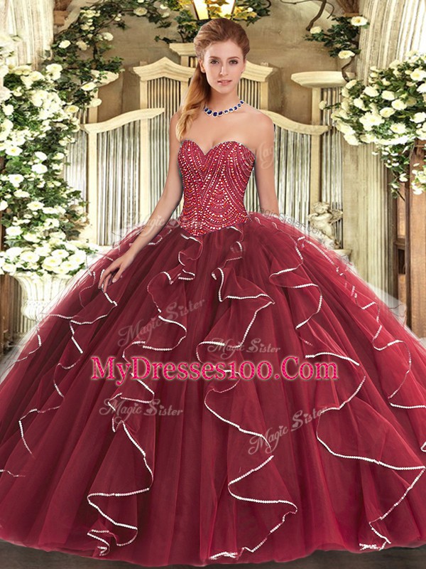 Modest Burgundy Tulle Lace Up Sweetheart Sleeveless Floor Length Quinceanera Gowns Beading and Ruffles