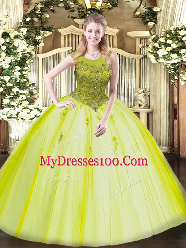 Sleeveless Floor Length Beading Zipper Sweet 16 Dress with Yellow Green