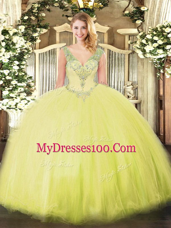 Yellow Green V-neck Neckline Beading Vestidos de Quinceanera Sleeveless Lace Up