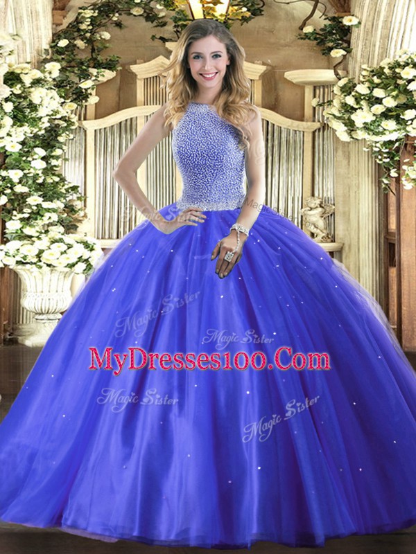 Discount Tulle High-neck Sleeveless Lace Up Beading Sweet 16 Dresses in Blue