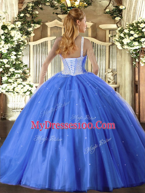 Discount Tulle High-neck Sleeveless Lace Up Beading Sweet 16 Dresses in Blue