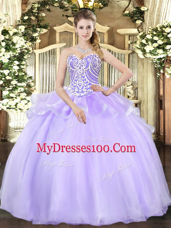 Lavender Sweetheart Lace Up Beading 15th Birthday Dress Sleeveless