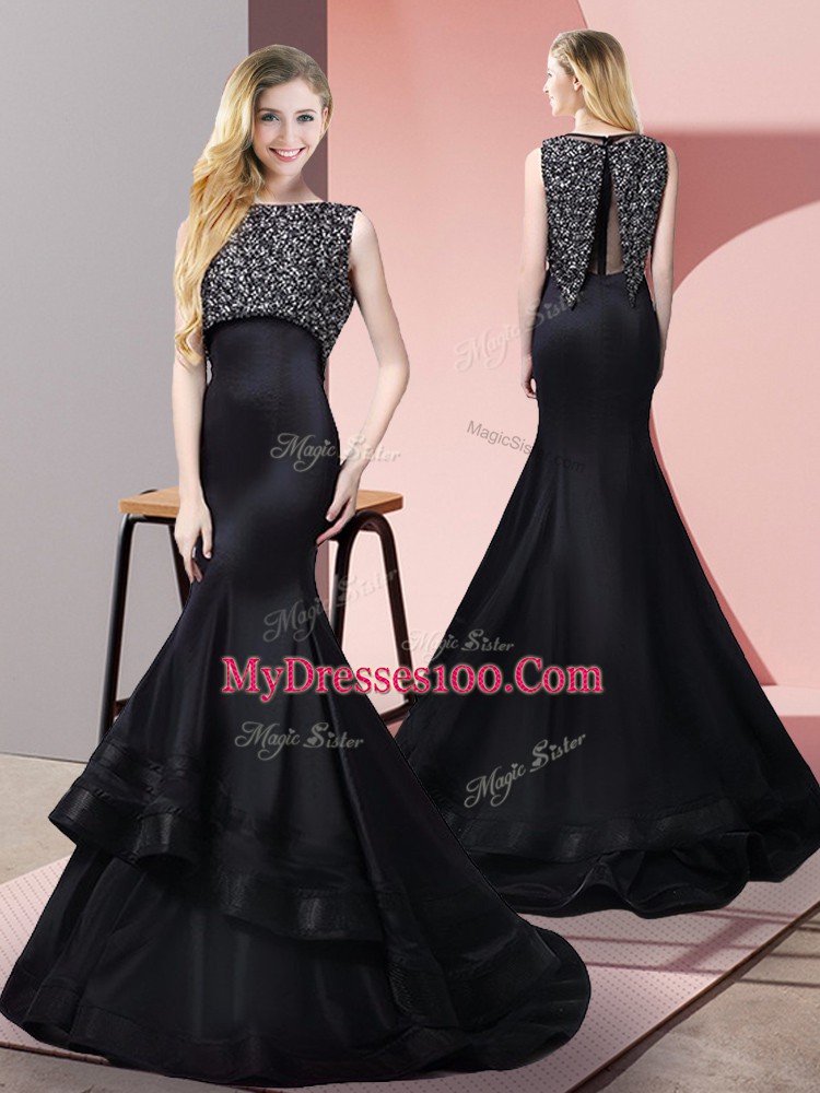 Taffeta and Elastic Woven Satin Bateau Sleeveless Sweep Train Zipper Beading Prom Party Dress in Black