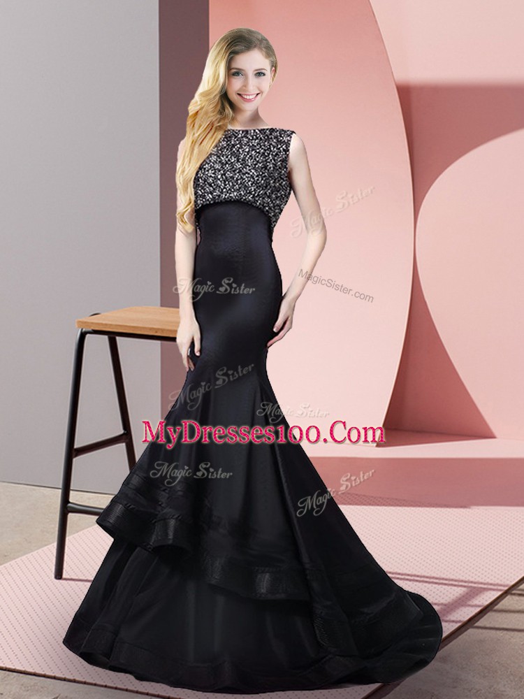 Taffeta and Elastic Woven Satin Bateau Sleeveless Sweep Train Zipper Beading Prom Party Dress in Black