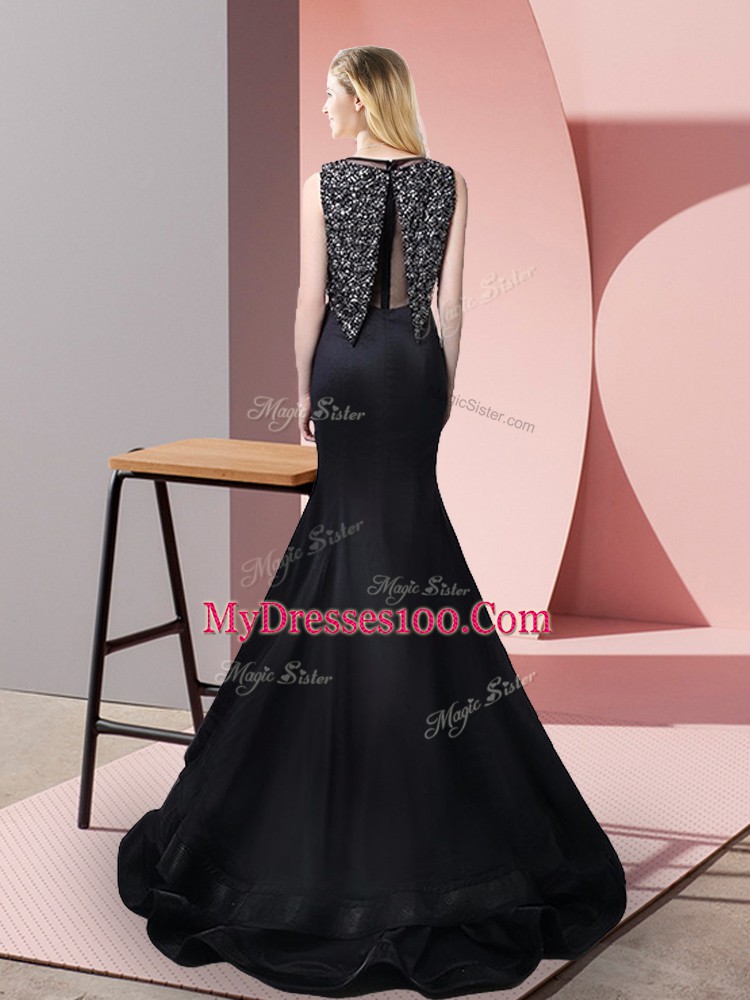 Taffeta and Elastic Woven Satin Bateau Sleeveless Sweep Train Zipper Beading Prom Party Dress in Black