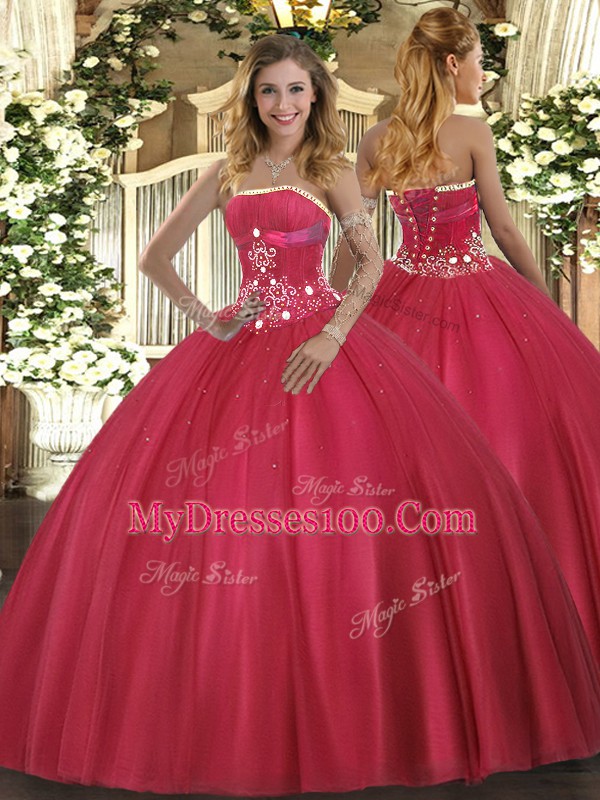 Admirable Floor Length Red Ball Gown Prom Dress Tulle Sleeveless Beading