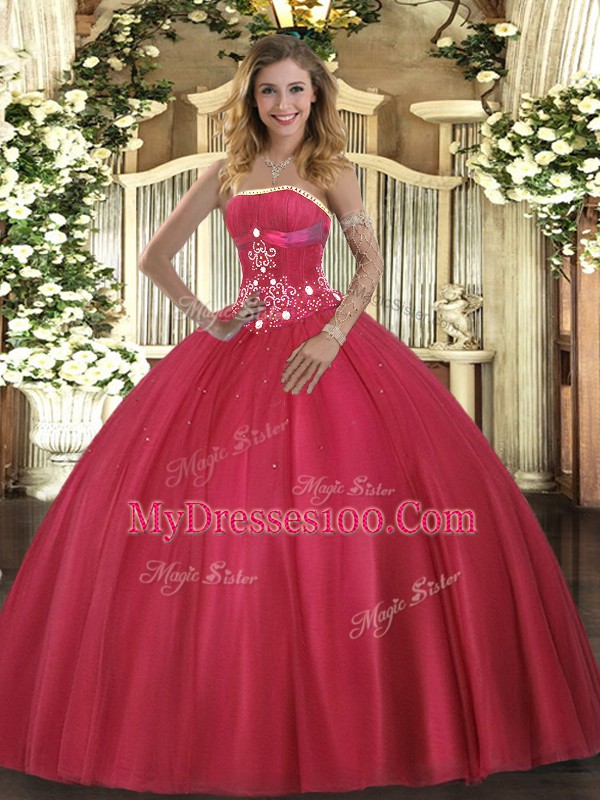 Admirable Floor Length Red Ball Gown Prom Dress Tulle Sleeveless Beading