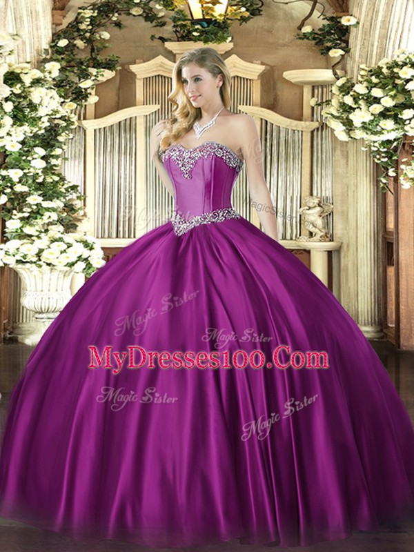 Floor Length Fuchsia Ball Gown Prom Dress Satin Sleeveless Beading