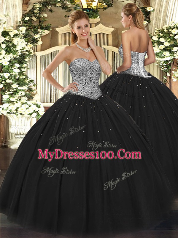 Floor Length Ball Gowns Sleeveless Black Quinceanera Gowns Lace Up