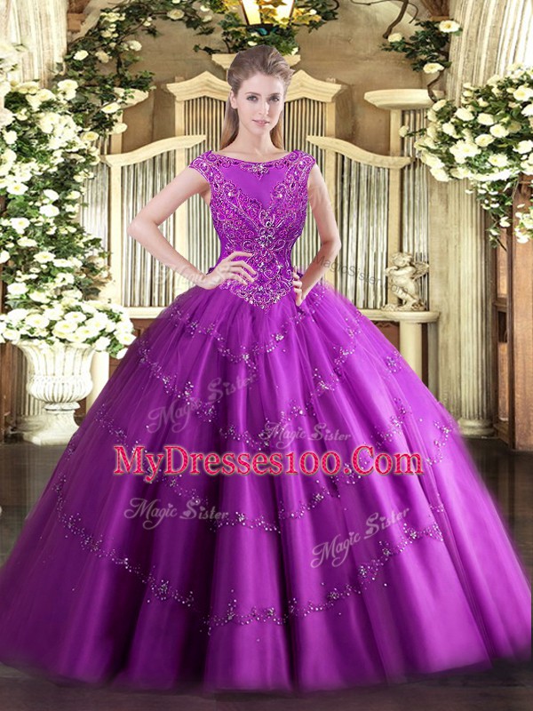 Trendy Fuchsia Scoop Zipper Beading and Appliques Quince Ball Gowns Sleeveless