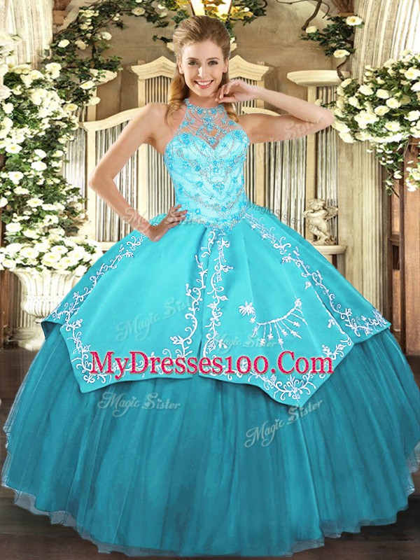 Ideal Sleeveless Floor Length Beading and Embroidery Lace Up 15 Quinceanera Dress with Aqua Blue