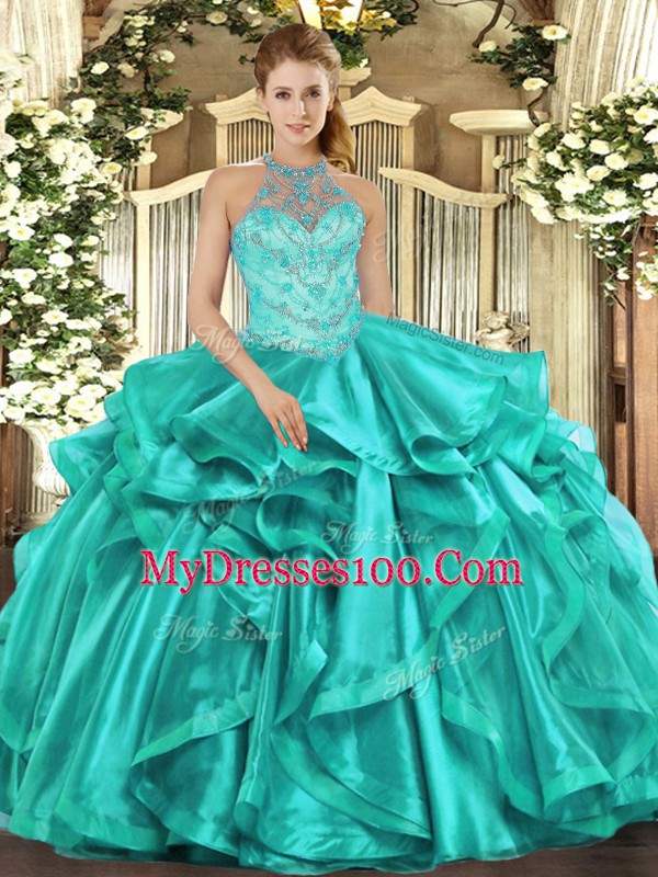 Colorful Turquoise Halter Top Lace Up Beading and Embroidery and Ruffles Sweet 16 Dress Sleeveless