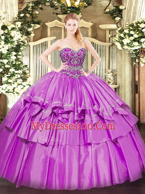 Lilac Lace Up Sweetheart Beading and Ruffled Layers Quinceanera Gowns Organza and Taffeta Sleeveless