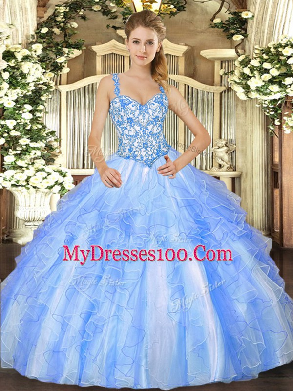 Fashion Beading and Ruffles Quinceanera Gowns Blue And White Lace Up Sleeveless Floor Length