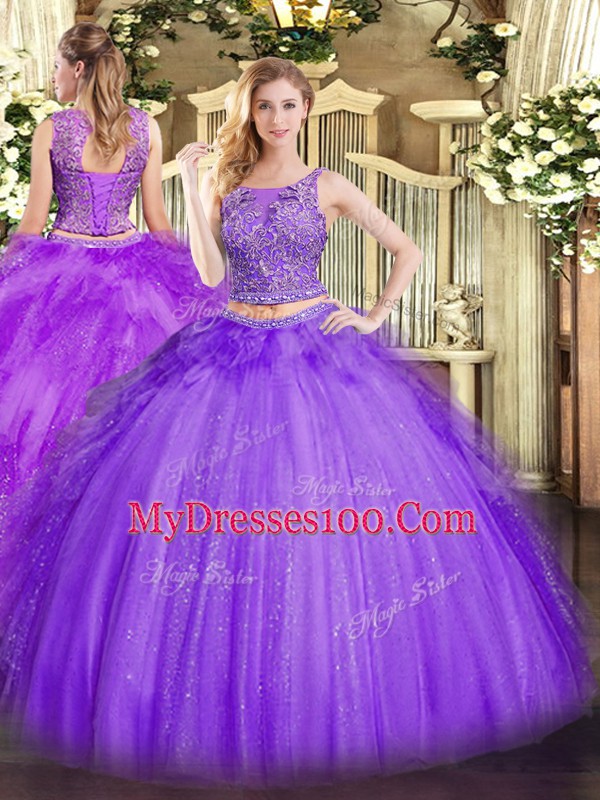 Lavender Two Pieces Scoop Sleeveless Tulle Floor Length Lace Up Beading and Ruffles Sweet 16 Dresses