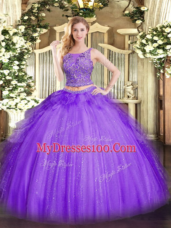 Lavender Two Pieces Scoop Sleeveless Tulle Floor Length Lace Up Beading and Ruffles Sweet 16 Dresses